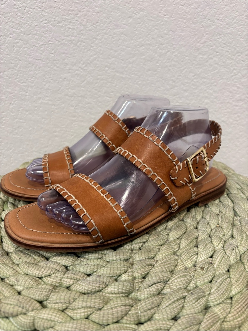 Joie Chestnut Tan Embroidered Double Strap Sandals
